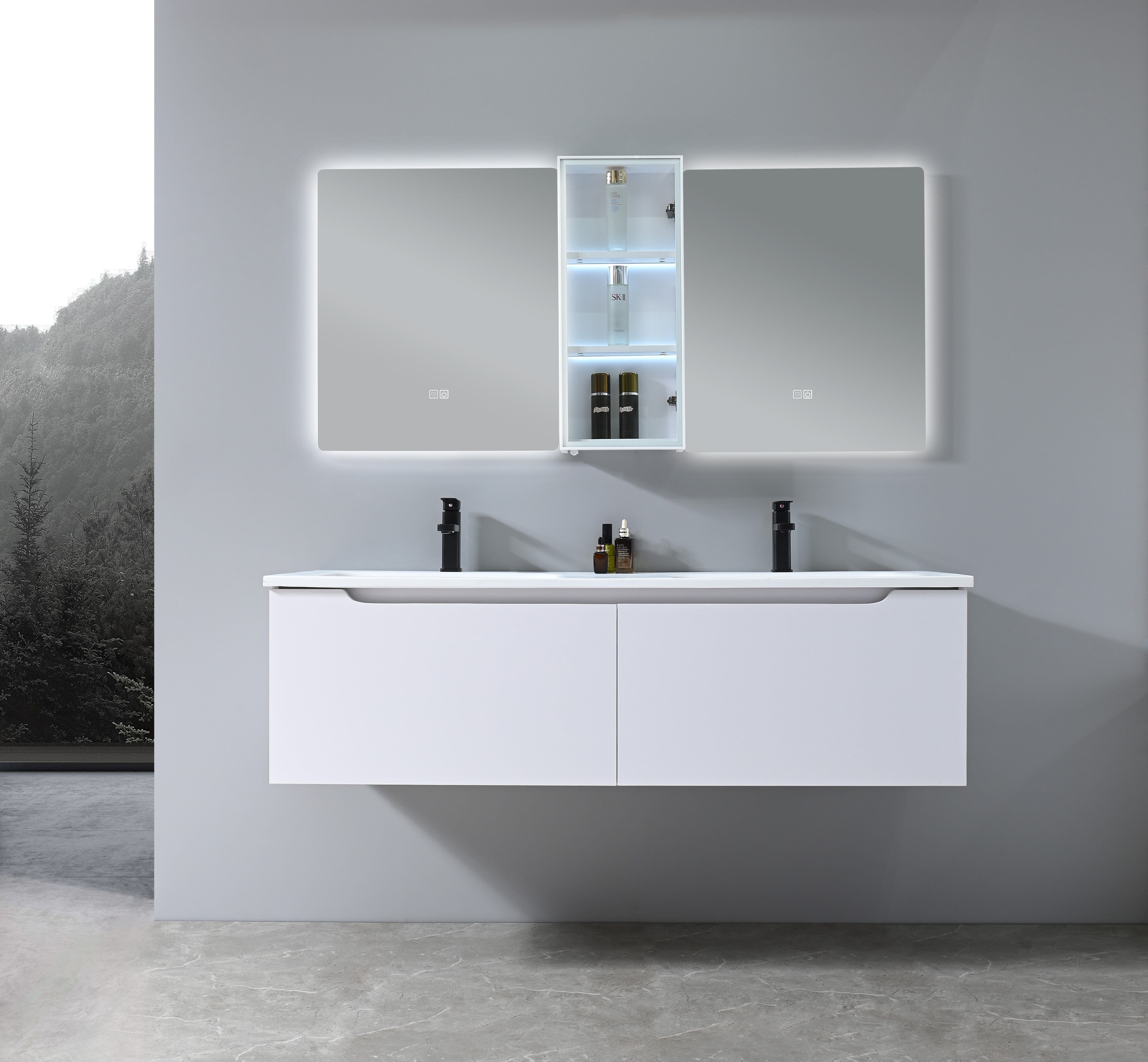 Auva Bath Ensemble Complet  Eleganza 60" : Double Lavabo, Vanité, Deux Miroir LED